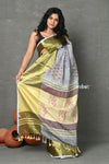 Tyohaar ~ Designed By VMI~ Handloom Pure Organic Natural Linen Saree - HandBlock Printed - Grey - verymuchindian.com