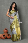 Tyohaar ~ Designed By VMI~ Handloom Pure Organic Natural Linen Saree - HandBlock Printed - Grey - verymuchindian.com