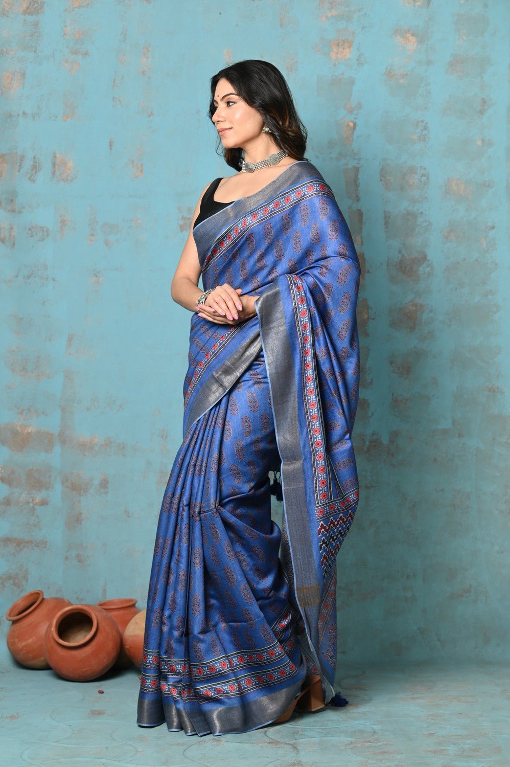 Tyohaar ~ Designed By VMI~ Handloom Pure Tussar Silk Saree With Handblock Print - verymuchindian.com