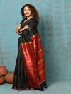 Tyohaar ~ Designed By VMI~ Handloom Pure Tussar Silk Saree With Sleek Border~ Black with Divine Red - verymuchindian.com