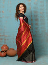 Tyohaar ~ Designed By VMI~ Handloom Pure Tussar Silk Saree With Sleek Border~ Black with Divine Red - verymuchindian.com