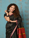 Tyohaar ~ Designed By VMI~ Handloom Pure Tussar Silk Saree With Sleek Border~ Black with Divine Red - verymuchindian.com