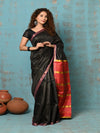 Tyohaar ~ Designed By VMI~ Handloom Pure Tussar Silk Saree With Sleek Border~ Black with Divine Red - verymuchindian.com