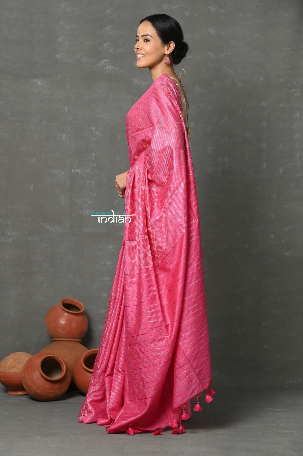 Tyohaar ~ Designer! Cotton Viscose Hand Dyed Saree With Sleek Border - Pink - verymuchindian.com