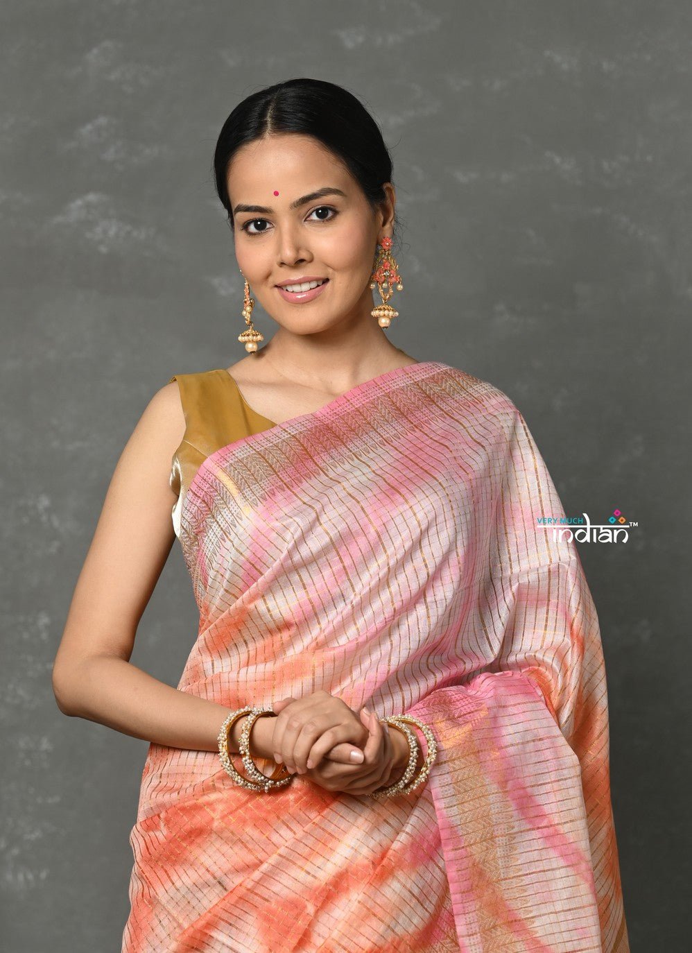 Tyohaar ~ Designer! Cotton Viscose Hand Dyed Saree With Sleek Golden Border - Peach Pink - verymuchindian.com
