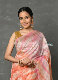 Tyohaar ~ Designer! Cotton Viscose Hand Dyed Saree With Sleek Golden Border - Peach Pink - verymuchindian.com