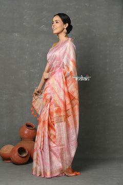Tyohaar ~ Designer! Cotton Viscose Hand Dyed Saree With Sleek Golden Border - Peach Pink - verymuchindian.com