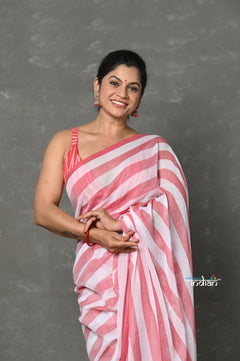 Tyohaar ~ Designer! Pure Mul Cotton Handloom Saree - Red White Stripes - verymuchindian.com