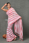Tyohaar ~ Designer! Pure Mul Cotton Handloom Saree - Red White Stripes - verymuchindian.com