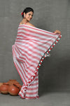 Tyohaar ~ Designer! Pure Mul Cotton Handloom Saree - Red White Stripes - verymuchindian.com
