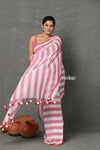 Tyohaar ~ Designer! Pure Mul Cotton Handloom Saree - Red White Stripes - verymuchindian.com