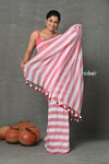 Tyohaar ~ Designer! Pure Mul Cotton Handloom Saree - Red White Stripes - verymuchindian.com