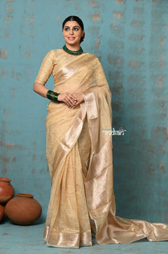 Tyohaar ~ Exclusive! Banarasi Handloom Crushed Pure Tissue Silk Saree ~ Beige Gold ( Silk Mark Certified) - verymuchindian.com