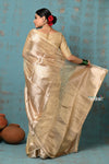 Tyohaar ~ Exclusive! Banarasi Handloom Crushed Pure Tissue Silk Saree ~ Beige Gold ( Silk Mark Certified) - verymuchindian.com