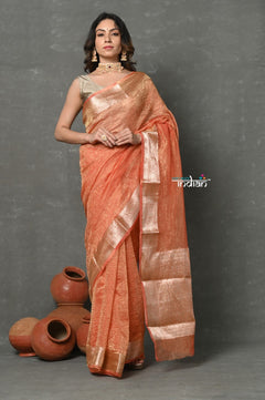 Tyohaar ~ Exclusive! Banarasi Handloom Crushed Pure Tissue Silk Saree ~ Golden Orange ( Silk Mark Certified) - verymuchindian.com