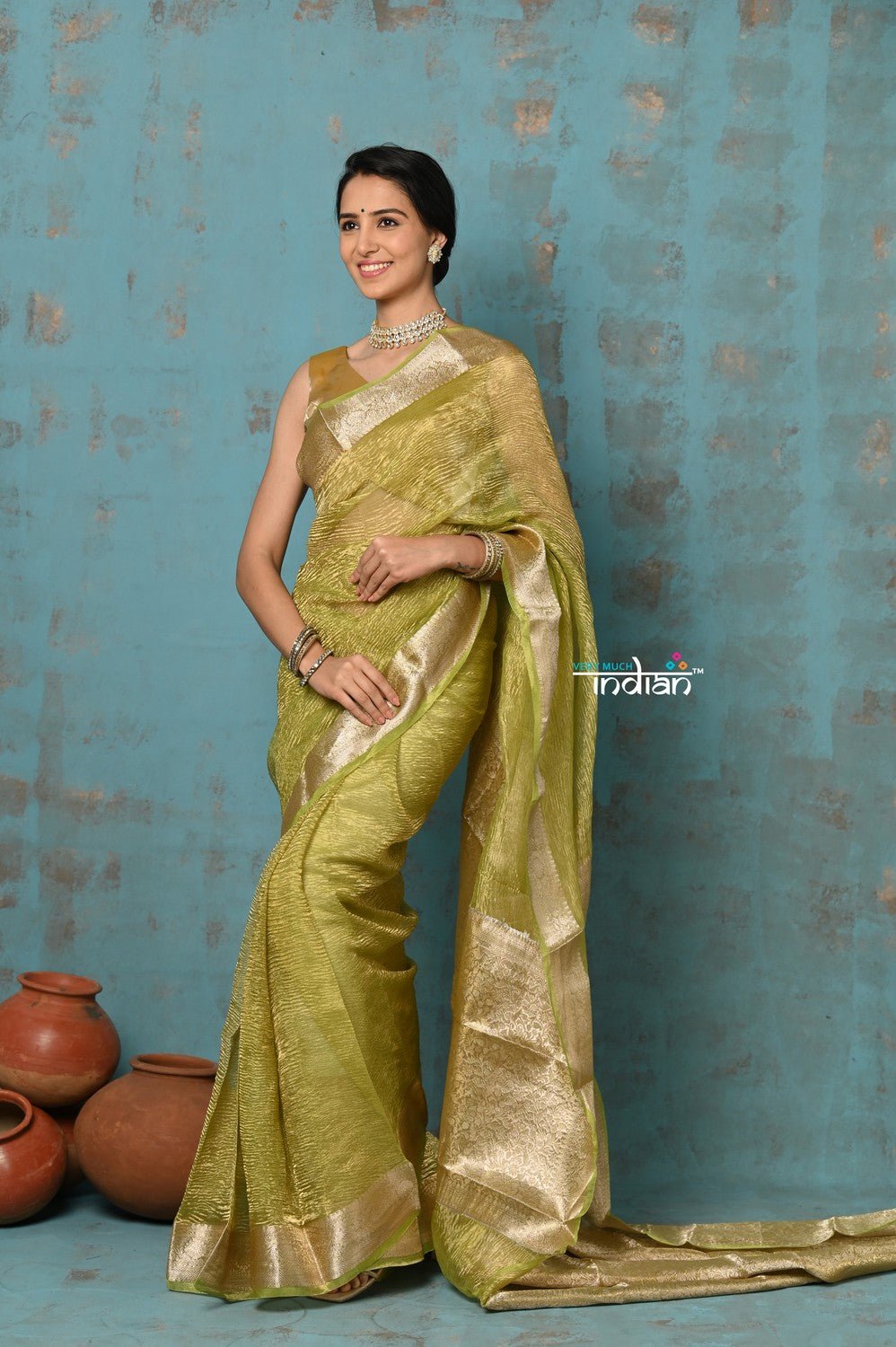 Tyohaar ~ Exclusive! Banarasi Handloom Crushed Pure Tissue Silk Saree ~ Lime Green ( Silk Mark Certified) - verymuchindian.com