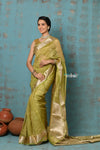 Tyohaar ~ Exclusive! Banarasi Handloom Crushed Pure Tissue Silk Saree ~ Lime Green ( Silk Mark Certified) - verymuchindian.com