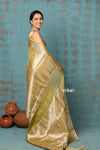 Tyohaar ~ Exclusive! Banarasi Handloom Crushed Pure Tissue Silk Saree ~ Lime Green ( Silk Mark Certified) - verymuchindian.com