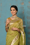 Tyohaar ~ Exclusive! Banarasi Handloom Crushed Pure Tissue Silk Saree ~ Lime Green ( Silk Mark Certified) - verymuchindian.com