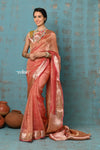 Tyohaar ~ Exclusive! Banarasi Handloom Crushed - Pure Tissue Silk Saree ~ Serene Peachy Orange ( Silk Mark Certified) - verymuchindian.com