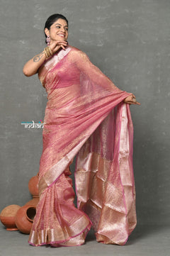 Tyohaar ~ Exclusive! Banarasi Handloom Crushed - Pure Tissue Silk Saree ~ Soft Pink ( Silk Mark Certified) - verymuchindian.com
