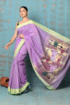 Tyohaar ~ Exclusive! Handloom Pure Cotton Paithani in Most Traditional Lilac with Pichwai Pallu - verymuchindian.com