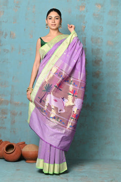 Tyohaar ~ Exclusive! Handloom Pure Cotton Paithani in Most Traditional Lilac with Pichwai Pallu - verymuchindian.com