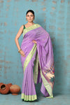 Tyohaar ~ Exclusive! Handloom Pure Cotton Paithani in Most Traditional Lilac with Pichwai Pallu - verymuchindian.com
