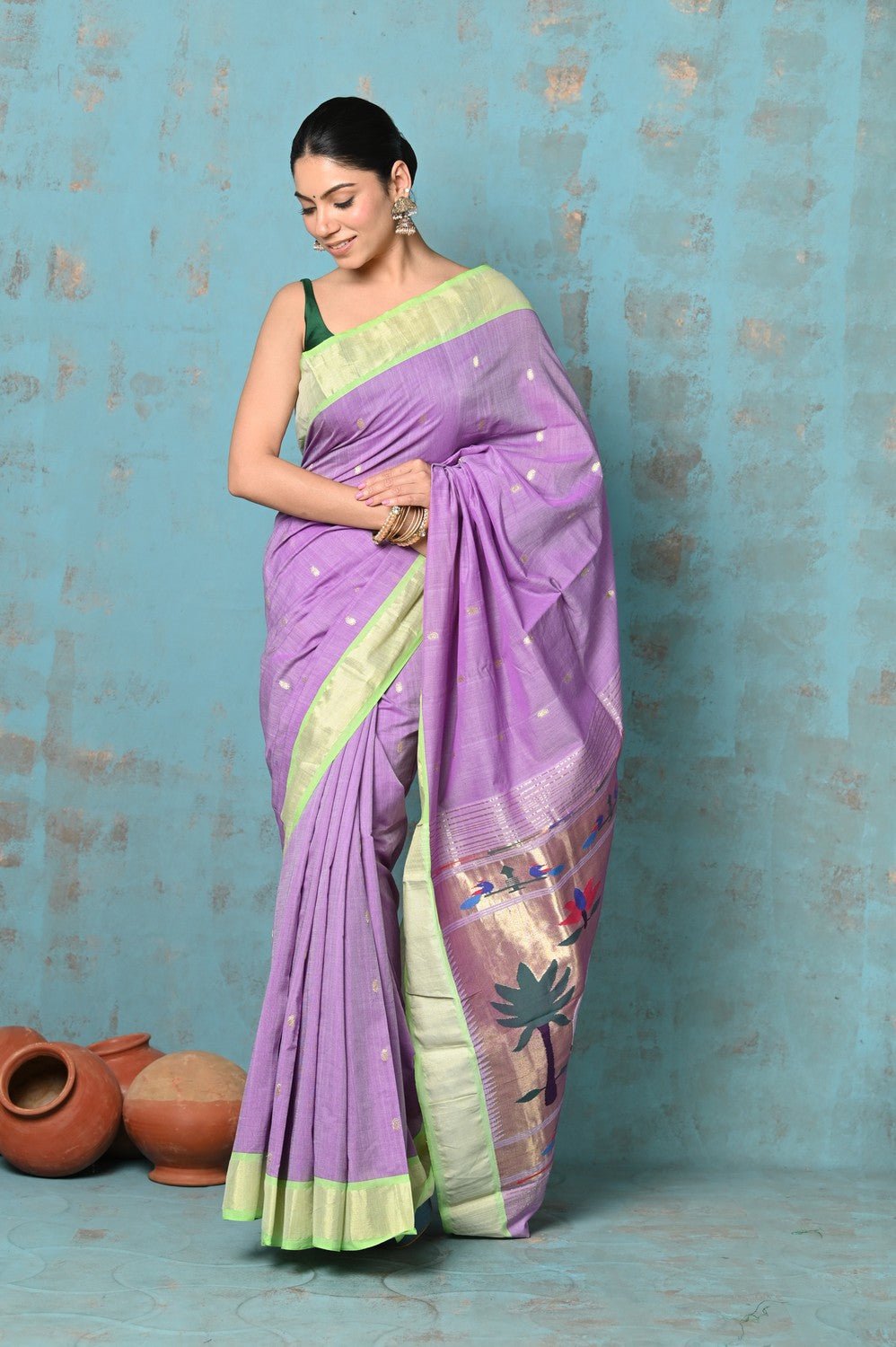 Tyohaar ~ Exclusive! Handloom Pure Cotton Paithani in Most Traditional Lilac with Pichwai Pallu - verymuchindian.com
