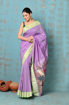 Tyohaar ~ Exclusive! Handloom Pure Cotton Paithani in Most Traditional Lilac with Pichwai Pallu - verymuchindian.com