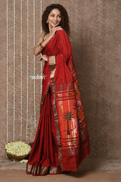 Tyohaar ~ Exclusive! Handloom Pure Cotton Paithani in Most Traditional Maroon with Pichwai Pallu - verymuchindian.com