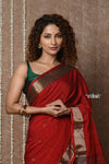 Tyohaar ~ Exclusive! Handloom Pure Cotton Paithani in Most Traditional Maroon with Pichwai Pallu - verymuchindian.com