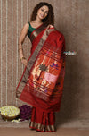Tyohaar ~ Exclusive! Handloom Pure Cotton Paithani in Most Traditional Maroon with Pichwai Pallu - verymuchindian.com