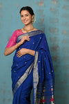 Tyohaar ~ Exclusive! Handloom Pure Cotton Paithani in Most Traditional Royal Blue with Pichwai Pallu - verymuchindian.com