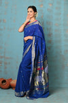 Tyohaar ~ Exclusive! Handloom Pure Cotton Paithani in Most Traditional Royal Blue with Pichwai Pallu - verymuchindian.com