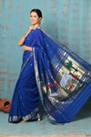 Tyohaar ~ Exclusive! Handloom Pure Cotton Paithani in Most Traditional Royal Blue with Pichwai Pallu - verymuchindian.com