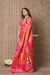 Tyohaar ~ Exclusive! Handloom Pure Silk Paithani in with Most Traditional Double Pallu ~ Unique Peach Orange - verymuchindian.com
