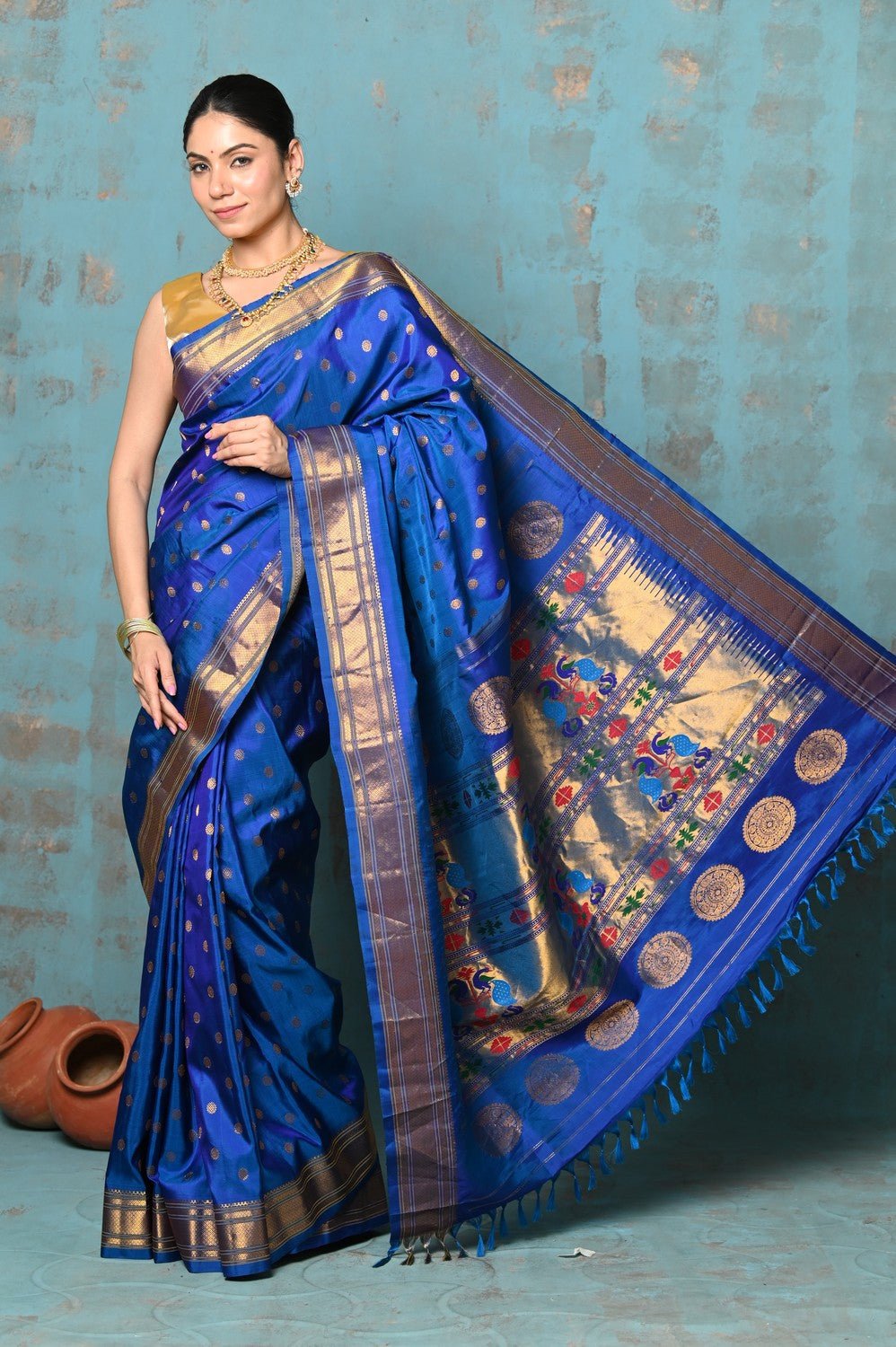Tyohaar ~ Exclusive Handloom Pure Silk Paithani With Contrast Pallu ~ Indigo Blue - verymuchindian.com
