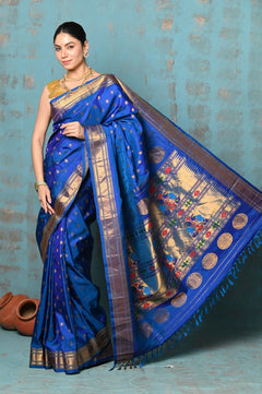 Tyohaar ~ Exclusive Handloom Pure Silk Paithani With Contrast Pallu ~ Indigo Blue - verymuchindian.com