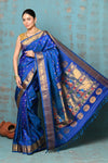 Tyohaar ~ Exclusive Handloom Pure Silk Paithani With Contrast Pallu ~ Indigo Blue - verymuchindian.com