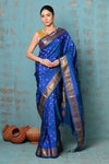Tyohaar ~ Exclusive Handloom Pure Silk Paithani With Contrast Pallu ~ Indigo Blue - verymuchindian.com