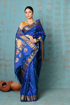 Tyohaar ~ Exclusive Handloom Pure Silk Paithani With Contrast Pallu ~ Indigo Blue - verymuchindian.com