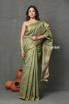 Tyohaar ~ Exclusive! Pure Cotton Handloom Saree By Khadigram Certified Weavers - Sage Green - verymuchindian.com