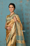 Tyohaar ~ Exquisite Golden Pure Tissue Saree With Sea Blue Border - verymuchindian.com