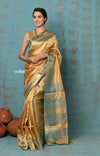 Tyohaar ~ Exquisite Golden Pure Tissue Saree With Sea Blue Border - verymuchindian.com