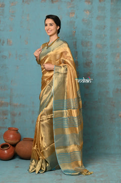 Tyohaar ~ Exquisite Golden Pure Tissue Saree With Sea Blue Border - verymuchindian.com