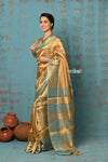 Tyohaar ~ Exquisite Golden Pure Tissue Saree With Sea Blue Border - verymuchindian.com