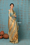Tyohaar ~ Exquisite Golden Pure Tissue Saree With Sea Blue Border - verymuchindian.com