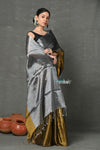 Tyohaar ~ Fusion Cotton Tissue Shimmer Saree - Silver and Gold - verymuchindian.com