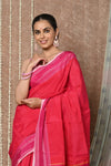 Tyohaar Handloom Cotton Viscose Ilkal Saree with Pure Resham Pallu - Bright Red with Pink Border - verymuchindian.com